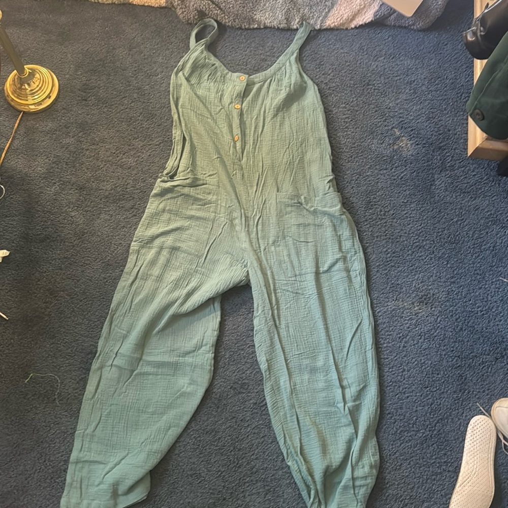 Green linen women’s wide leg jumpsuit 100% cotton